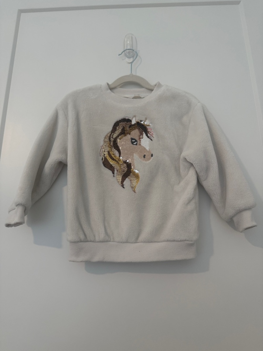 H&M Cream Plush Kids Sweatshirt with Sequin Horse